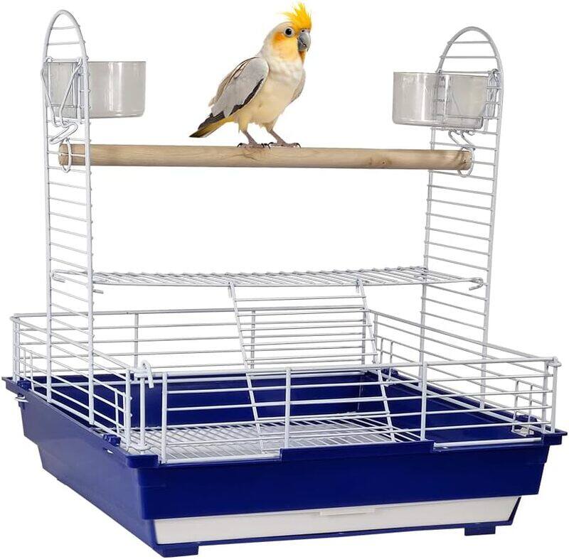 

MAJIBAO Bird stand, Portable bird playground with wooden perch, feeding bowls, and removable tray, Open design bird cage for small and medium birds 46 cm (Blu