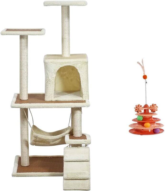 

Majibao Multi-level cat tower with Hideaway Condo, Top perches, Hammock, and Cat toy, Indoor cat tree with Scratching posts, Climbing stairs, Cat play tower,