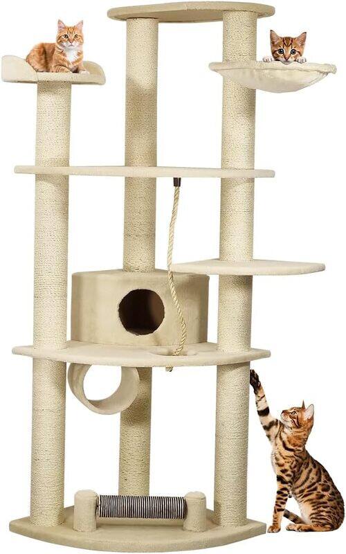 

MAJIBAO Multi-level cat tree tower with Large platform, Scratching post, Curved perch, Cozy hammock, Cat condo, and Cat tunnel, Interactive playhouse for indo