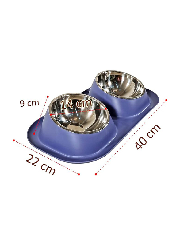 Majibao 14cm Stainless Steel Pet Food & Water Feeder Double Bowl for Cats & Dogs, Blue