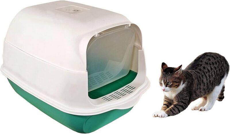 

MAJIBAO Cat Litter Toilet, Cat Litter Box with Plastic Scoop, Fully Enclosed, Easy Clean, Lid on Entrance, No Smell, Indoor & Outdoor, White & Green Color, Me