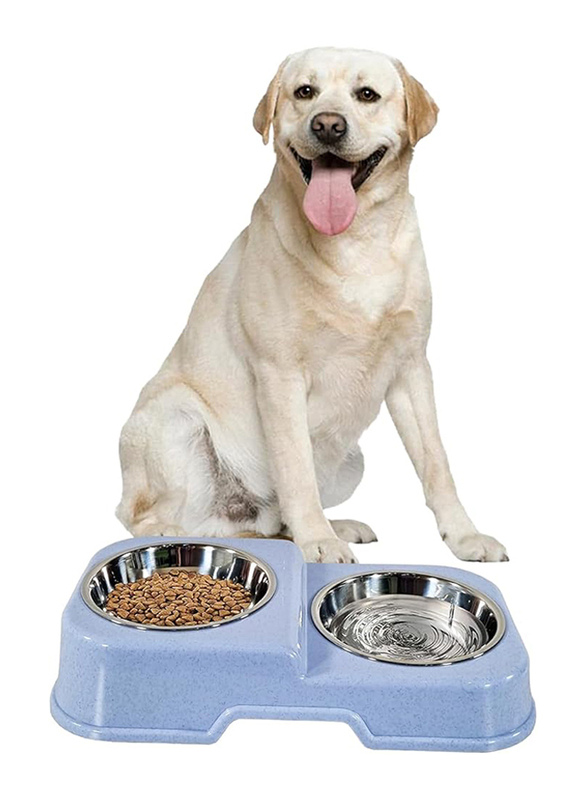 Majibao 14cm Stainless Steel Pet Food & Water Feeder Double Bowl for Cats & Dogs, Light Blue