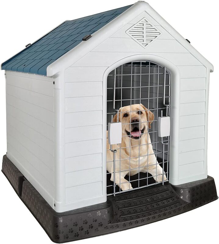 Dog House, Indoor / Outdoor Pet House, Durable Hard PP Plastic Dog House, Kennel, Beautiful design, Portable Dog Shelter, Easy to Assemble, Grey + Blue-Green mix color cage, 70 cm height