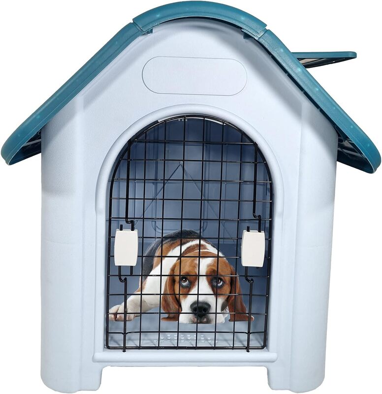 Dog House, Kennel, Indoor / Outdoor Pet House, Portable Dog Shelter, Durable Plastic Dog House, Beautiful design, Easy to Assemble, Grey + Blue-Green mix color cage, 75 cm height