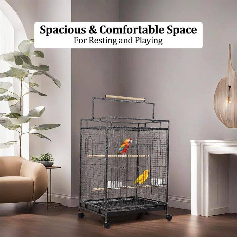 Bird cage Wrought iron with handle wooden perch, Plastic food bawls, and removable tray, Play top bird cage for Small Parrots, Lovebirds, Canaries and Budgies 95 cm (Black)