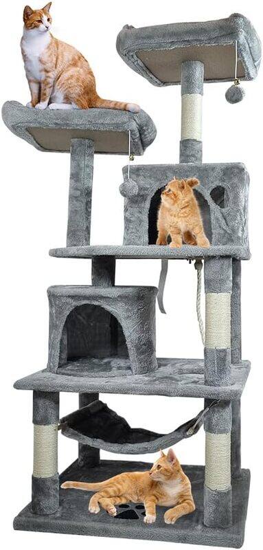 

MAJIBAO Cat tree Multi-Level tower with Double Condos, Scratching post , soft perch, and Cat shelter.Luxury cat tree tower Grey color (143cm height)