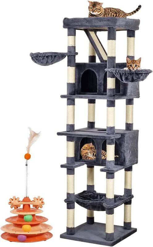 

Majibao Cat tree tower with Wide perch, Scratching board, Cozy hammock, Cat turntable toy, Multiple cat condo, and Bottom large hammock, Multi-level cat tree