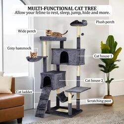 MAJIBAO Cat tree activity center for indoor cats, Multi-level cat tree tower with Sisal scratching post, Multiple perches, Dangling ball, 2 cat condos, Cozy hammock, and Ladder 180 cm (Dark-grey)