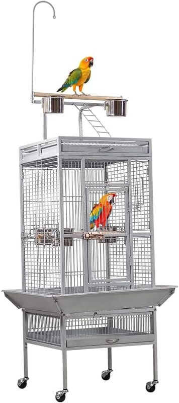 Bird cage, Wrought iron large bird cage with play top and hanging toys, Decorative parrot cage for Cockatiels, Sun conure, Lovebird, African grey parrot, 202 cm (Grey)