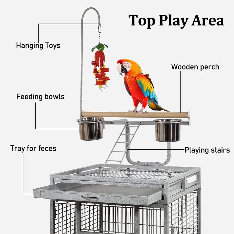 Bird cage, Wrought iron large bird cage with play top and hanging toys, Decorative parrot cage for Cockatiels, Sun conure, Lovebird, African grey parrot, 202 cm (Grey)