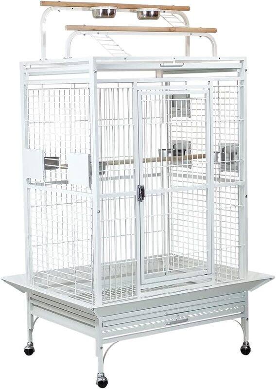 

Majibao Metal bird cage with Play top and Rolling stand, Removable tray, Food bowls, and Side feeding doors, Heavy-duty bird cage for African parrot, Love bir