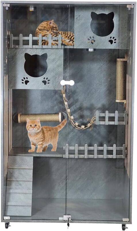 

Majibao Cat villa, Multi-level wooden cat house with LED light, Cat condos, Scratching posts, Glass doors, Cat ladder, Side door, and Universal wheels, Suitab