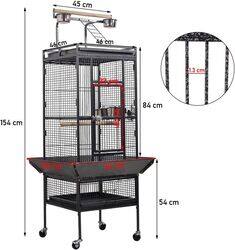 Bird cage with top playing area and birds accessories, Bird toy for Parakeet, Parrot, Lovebirds, Pigeons, Cockatiels, Macaw, Durable frame with perch stand and wheels. Black (154cm)