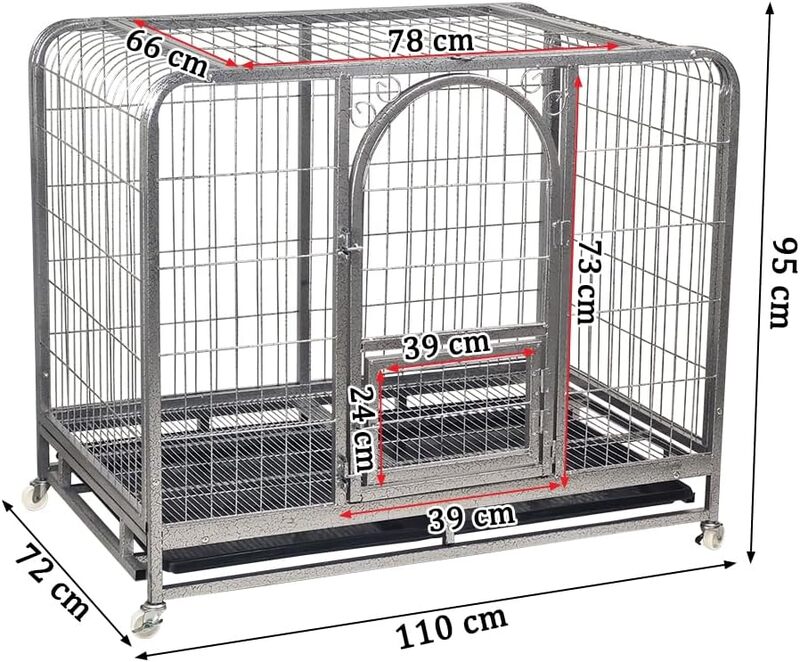 Large dog cage with metal frame, Durable and strong, Bottom tray and Moveable, Top cover design, Front door with feeding access, Indoor & Outdoor use, Suitable for small and medium dogs.