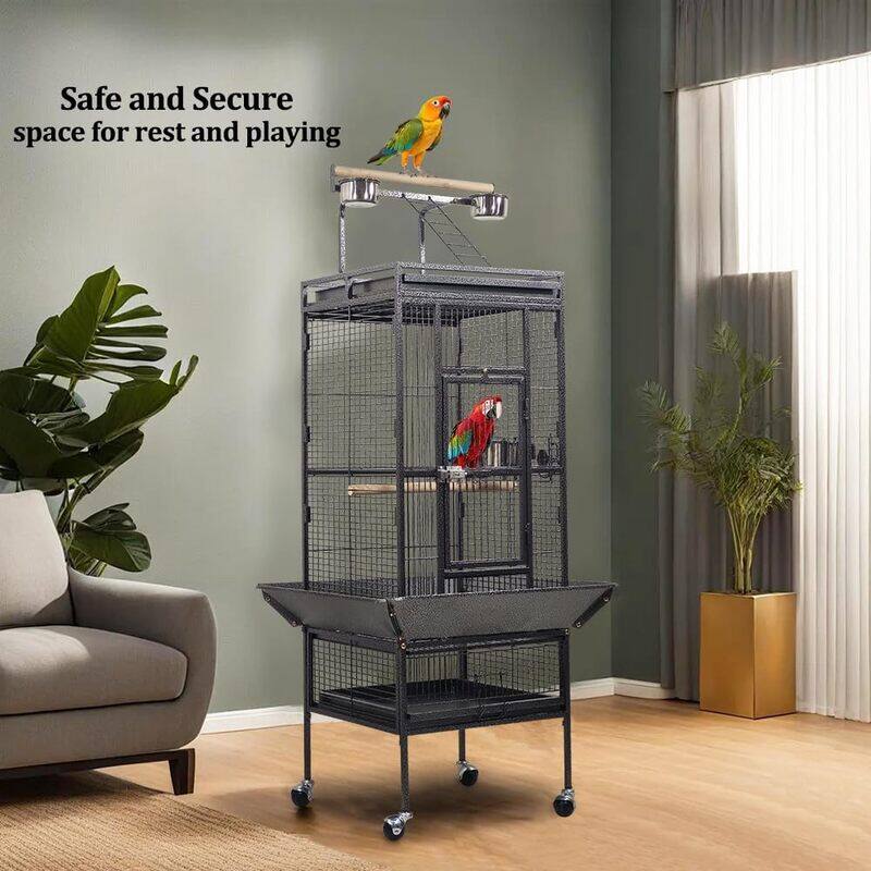 Bird cage with top playing area and birds accessories, Bird toy for Parakeet, Parrot, Lovebirds, Pigeons, Cockatiels, Macaw, Durable frame with perch stand and wheels. Black (154cm)