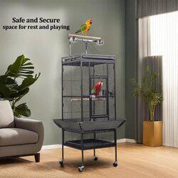 Bird cage with top playing area and birds accessories, Bird toy for Parakeet, Parrot, Lovebirds, Pigeons, Cockatiels, Macaw, Durable frame with perch stand and wheels. Black (154cm)