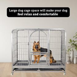 Large dog cage with metal frame, Durable and strong, Bottom tray and Moveable, Top cover design, Front door with feeding access, Indoor & Outdoor use, Suitable for small and medium dogs.