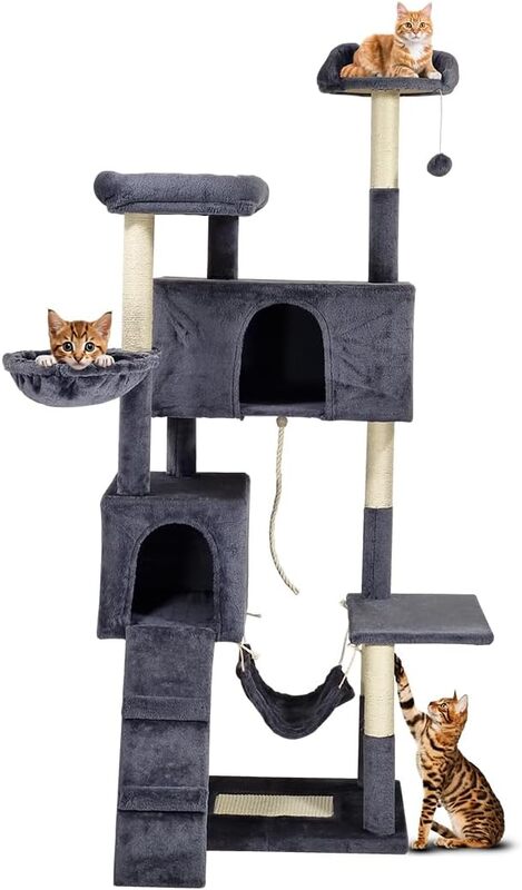 MAJIBAO Cat tree activity center for indoor cats, Multi-level cat tree tower with Sisal scratching post, Multiple perches, Dangling ball, 2 cat condos, Cozy hammock, and Ladder 180 cm (Dark-grey)