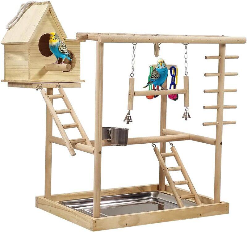 

Majibao Wooden bird play stand with Bird nest, Climbing ladders, Swinging perch, Colorful toys, feeding bowls, and stainless steel tray, Multi-level bird stan