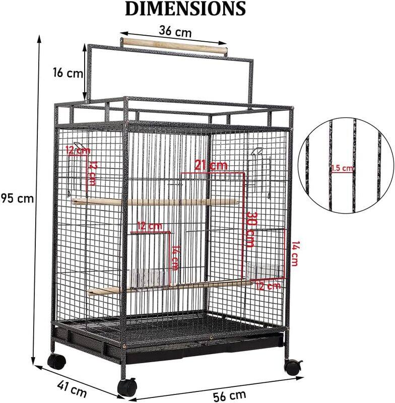 Bird cage Wrought iron with handle wooden perch, Plastic food bawls, and removable tray, Play top bird cage for Small Parrots, Lovebirds, Canaries and Budgies 95 cm (Black)