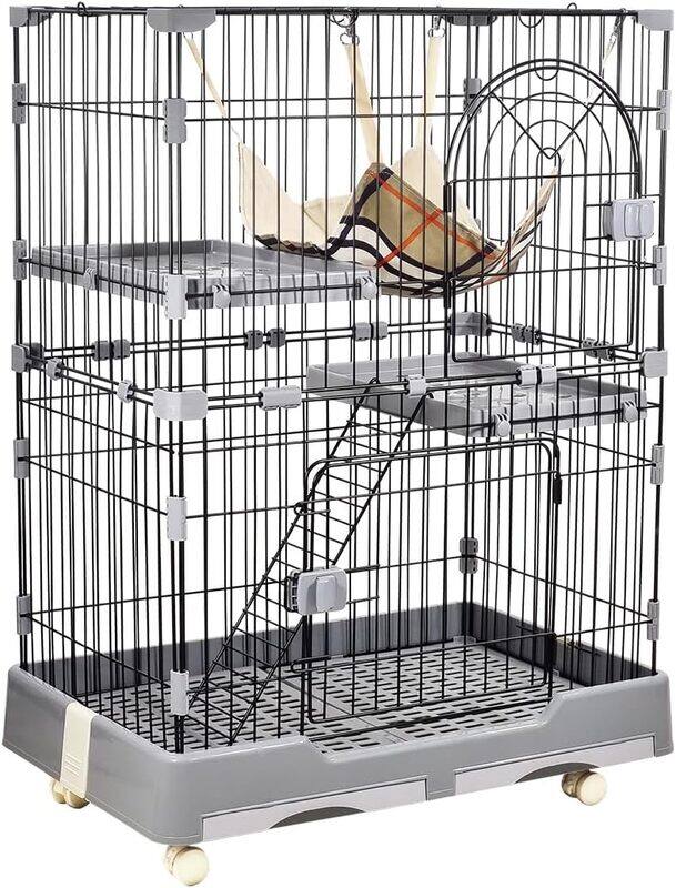

MAJIBAO Cat Cage with Hammock, Durable & Sturdy, 2 Widened Floors and 1 Step Ramp, Cat Playpen with Multi-layer, Multi-Front Doors with Lock, Removable Tray a