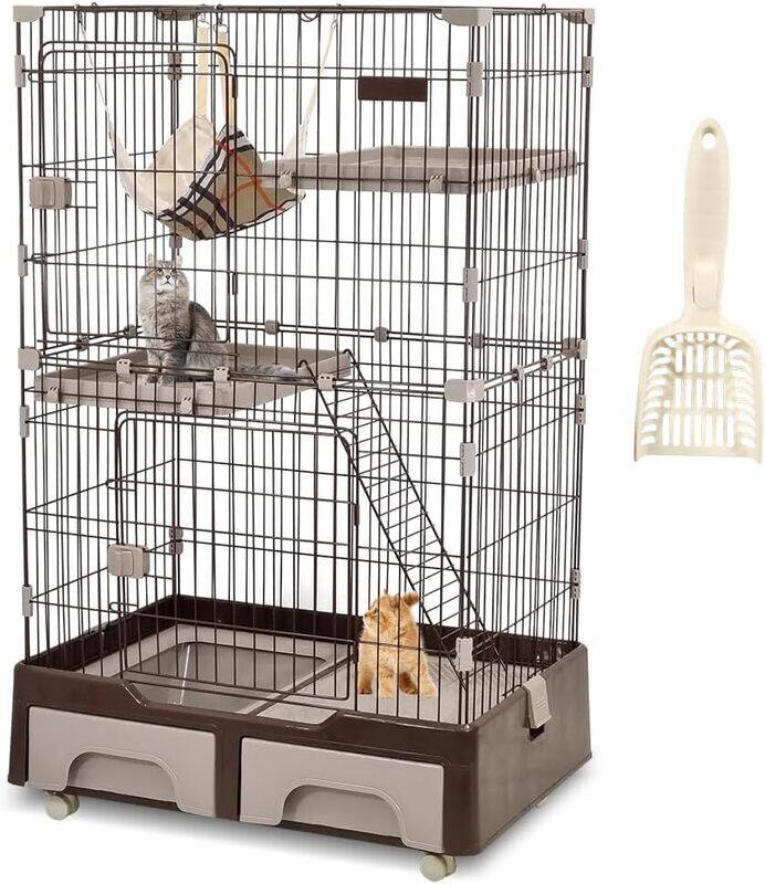 

MAJIBAO Cat cage playpen with litter box, Pet cage large space 120 cm, Chocolate cat cage with 1 Scoop 2 Platforms 2 Front Doors 1 Ladders and Hammock, Indoor