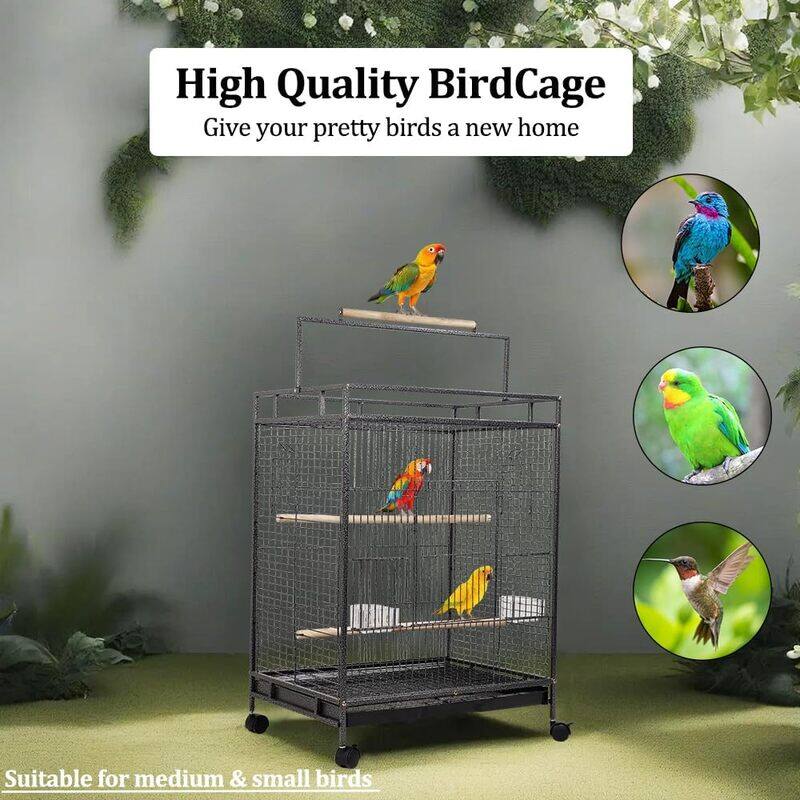 Bird cage Wrought iron with handle wooden perch, Plastic food bawls, and removable tray, Play top bird cage for Small Parrots, Lovebirds, Canaries and Budgies 95 cm (Black)