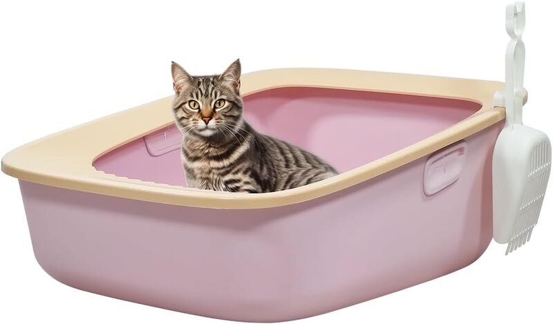 Cat litter box with Sand drop pedal, Portable design, and Litter scoop, Extra-large semi-enclosed litter box for indoor cats and kittens, Durable plastic and easy to clean 59 cm (Pink)