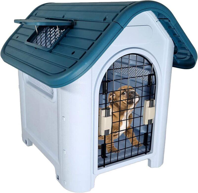 

MAJIBAO Dog House, Durable Plastic Dog House, Indoor / Outdoor Pet House, Portable Dog Shelter, Kennel, Beautiful, Easy to Assemble, Grey + Blue-Green mix col