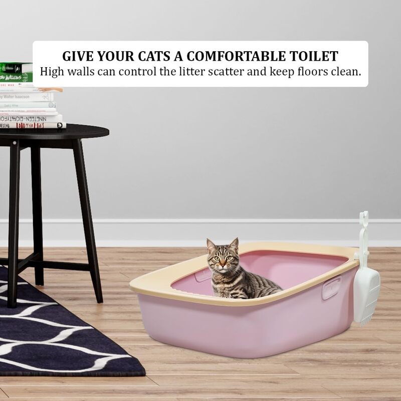 Cat litter box with Sand drop pedal, Portable design, and Litter scoop, Extra-large semi-enclosed litter box for indoor cats and kittens, Durable plastic and easy to clean 59 cm (Pink)