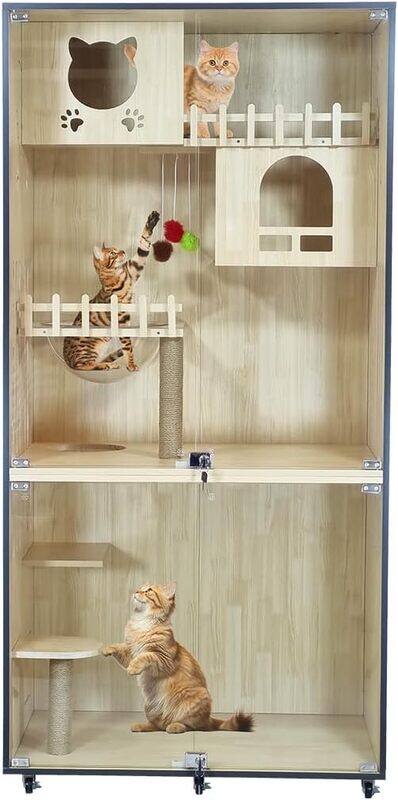 

Majibao Cat villa with Glass Door, Double cat condos, Cat toys, LED light, Acrylic capsule, Litter box area, and Universal wheels, Heavy-duty wooden pet villa