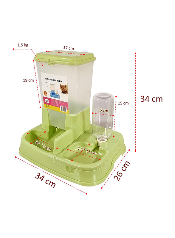 Majibao Cat Food Dispenser with Transparent Plastic Container & Bottle for Water, 1.5 Kg, Green