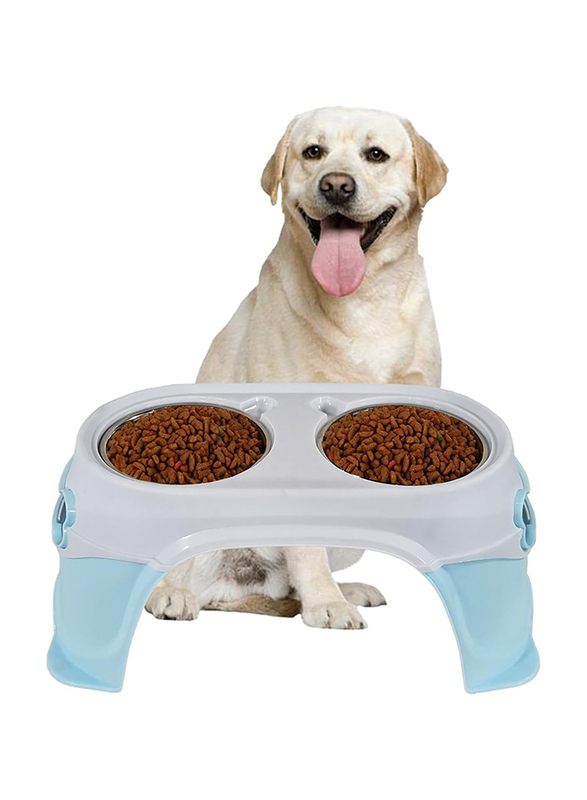 Majibao Dry & Wet Food Bowls with Stool Type Stand for Dogs & Cats, 15cm, Blue/White