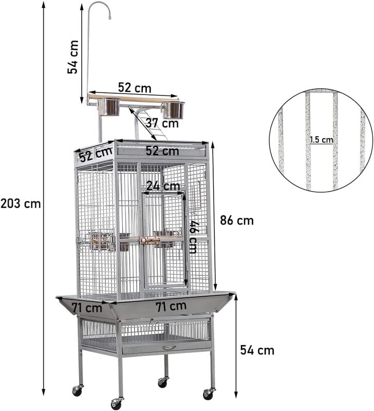 Bird cage, Wrought iron large bird cage with play top and hanging toys, Decorative parrot cage for Cockatiels, Sun conure, Lovebird, African grey parrot, 202 cm (Grey)