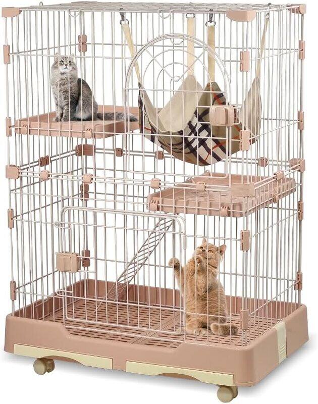 

MAJIBAO Cat cage playpen, Cat cage with wheels large space 108 cm, Pink cat cage with 2 Platforms 2 Front Doors 1 Ladders and Hammock, Indoor and out door cat