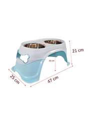 Majibao Dry & Wet Food Bowls with Stool Type Stand for Dogs & Cats, 15cm, Blue/White