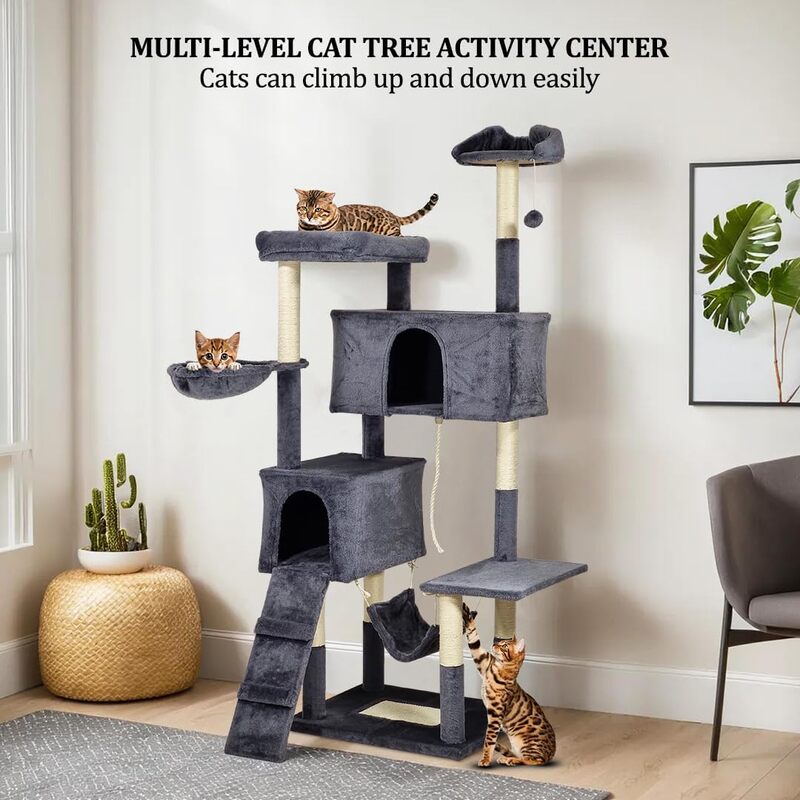 MAJIBAO Cat tree activity center for indoor cats, Multi-level cat tree tower with Sisal scratching post, Multiple perches, Dangling ball, 2 cat condos, Cozy hammock, and Ladder 180 cm (Dark-grey)