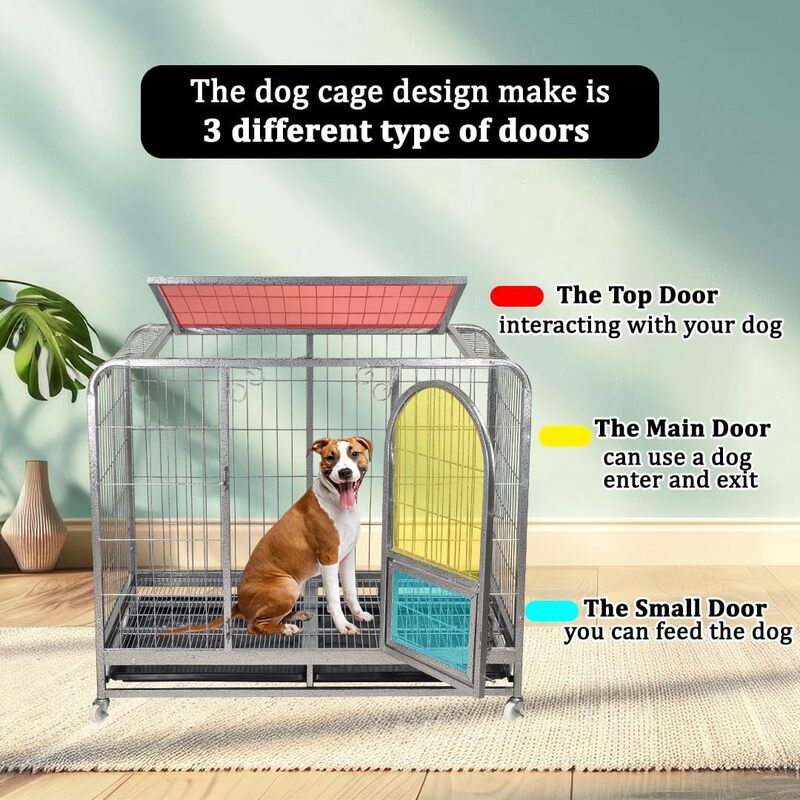 Large dog cage with metal frame, Durable and strong, Bottom tray and Moveable, Top cover design, Front door with feeding access, Indoor & Outdoor use, Suitable for small and medium dogs.