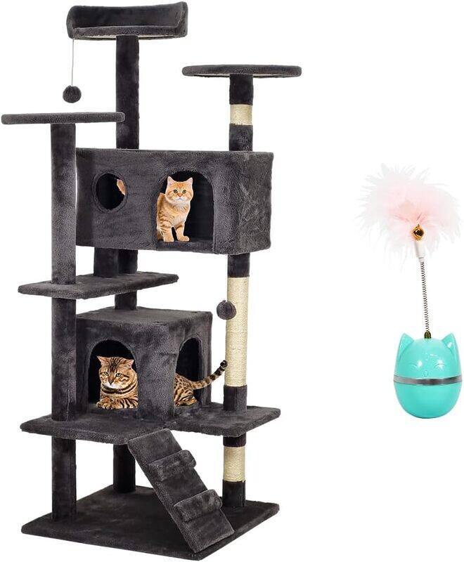 

Majibao Cat tree with Interactive cat toy, Feather teaser, Indoor cat tree with Multi-level design, Top perches, Double Condos, Dangling balls and Playing sta