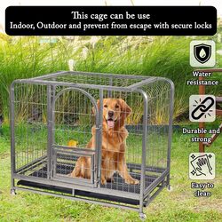 Large dog cage with metal frame, Durable and strong, Bottom tray and Moveable, Top cover design, Front door with feeding access, Indoor & Outdoor use, Suitable for small and medium dogs.