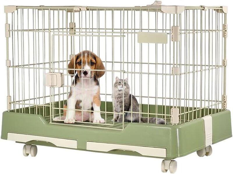 

MAJIBAO Pet cage with wheels, Dog and cat playpen with double door and drawer tray, Pet cage for medium dogs and cats, Green color pet crate, 75 cm Indoor and