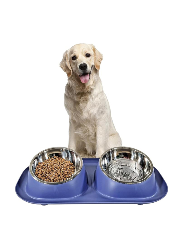 Majibao 14cm Stainless Steel Pet Food & Water Feeder Double Bowl for Cats & Dogs, Blue