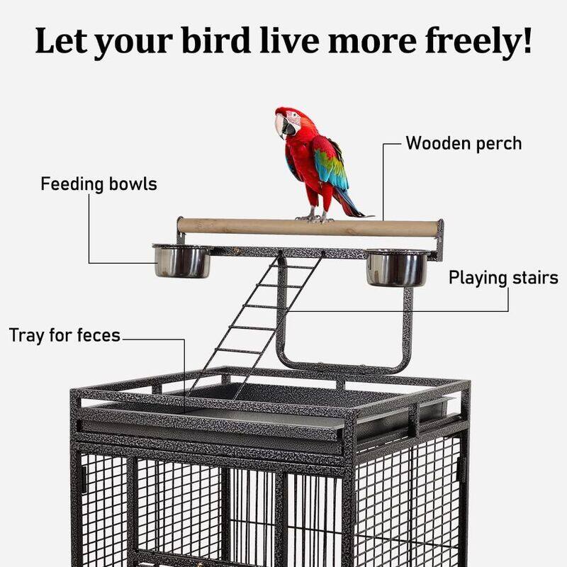 Bird cage with top playing area and birds accessories, Bird toy for Parakeet, Parrot, Lovebirds, Pigeons, Cockatiels, Macaw, Durable frame with perch stand and wheels. Black (154cm)