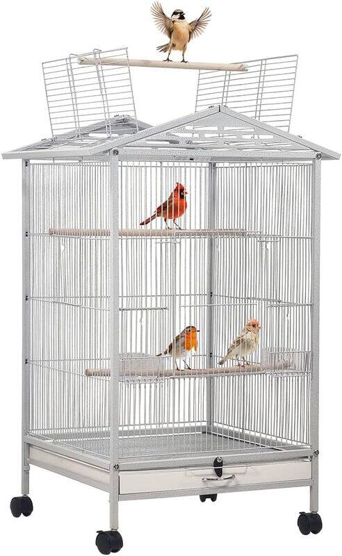 

Majibao Birdcage with Open-top design, Standing perch, Feeding bowls, Removable tray, and Universal wheels, Metal birdcage for small to medium-sized birds, Id