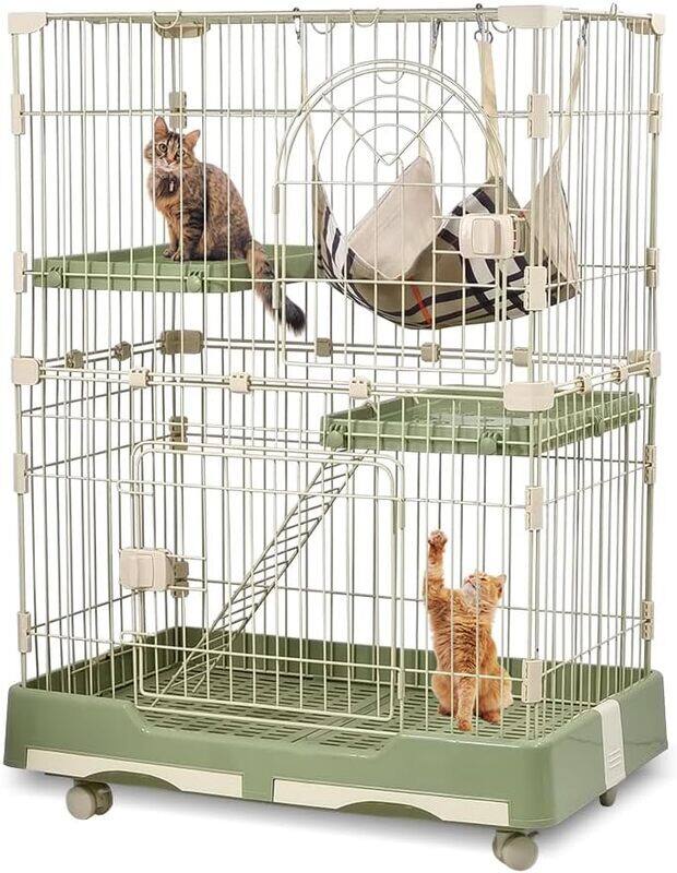 

MAJIBAO Cat cage playpen, Cat cage with wheels, Large space 108 cm, Green cat cage with 2 Platforms 2 Front Doors 1 Ladders and Hammock, indoor and out door c