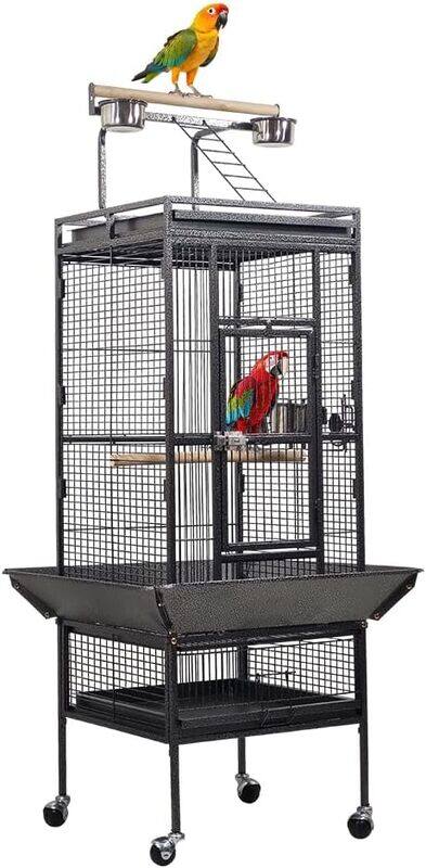 Bird cage with top playing area and birds accessories, Bird toy for Parakeet, Parrot, Lovebirds, Pigeons, Cockatiels, Macaw, Durable frame with perch stand and wheels. Black (154cm)