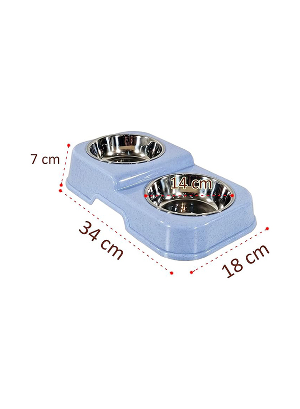 Majibao 14cm Stainless Steel Pet Food & Water Feeder Double Bowl for Cats & Dogs, Light Blue