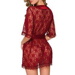 Margoun Sexy Babydoll Robe Transparent Lace Deep V-Neck Short Lingerie Sleepwear Nightwear for Women, W396, Red