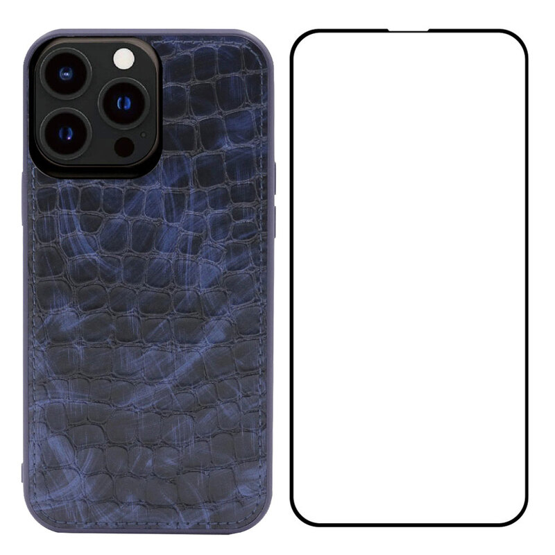 

MARGOUN 2 Pack for iPhone 13 Pro Max Case Cover with Screen Protector Tempered Glass, Full Protection Back Case Leather Snake Skin Pattern - Dark Blue