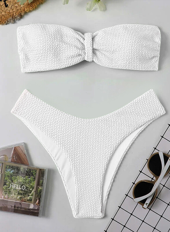 MARGOUN Small Size Women's High Waist Swimsuit Women's Bandeau Lingerie Set Swimsuits Beachwear Set White/ S (Bust 81-86/Waist 61-66/Hip 86-91)/M8812